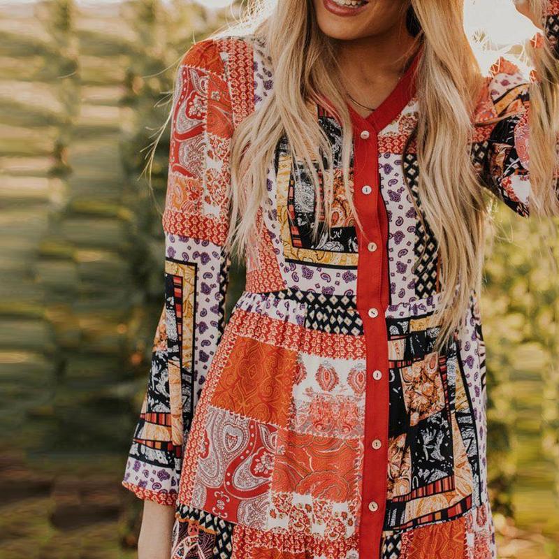 Bohemian Long Sleeve Single-Breasted Printed Colour Loose Dress