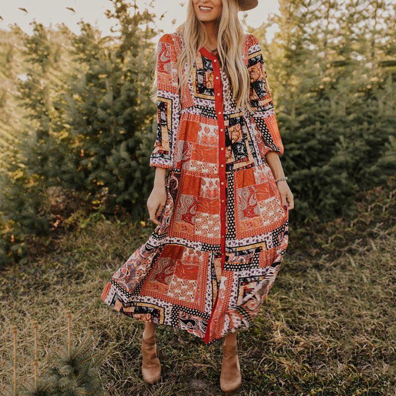 Bohemian Long Sleeve Single-Breasted Printed Colour Loose Dress