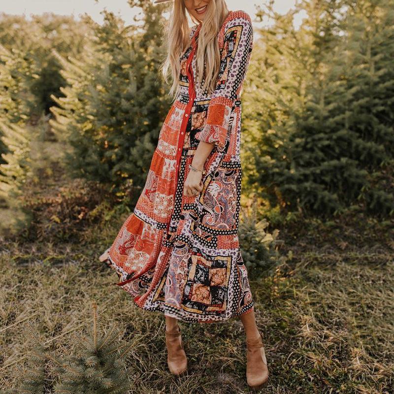 Bohemian Long Sleeve Single-Breasted Printed Colour Loose Dress