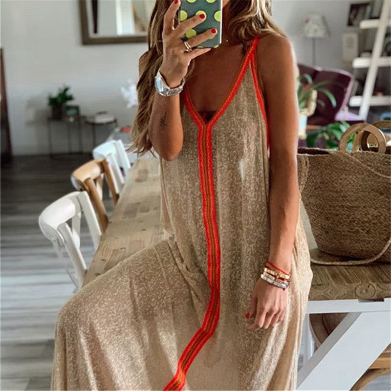 Sexy V-Neck sleeveless Sling Contrast Color Striped Loose Dresses