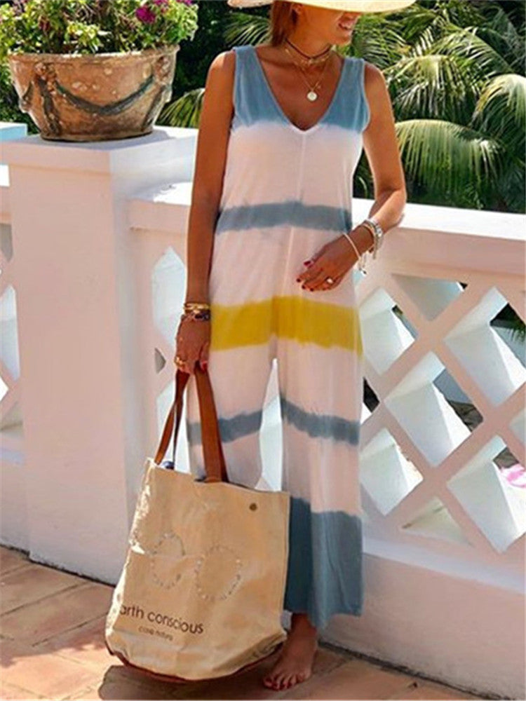 Fashion Color Striped V-Neck Sleeveless Loose Jumpsuits