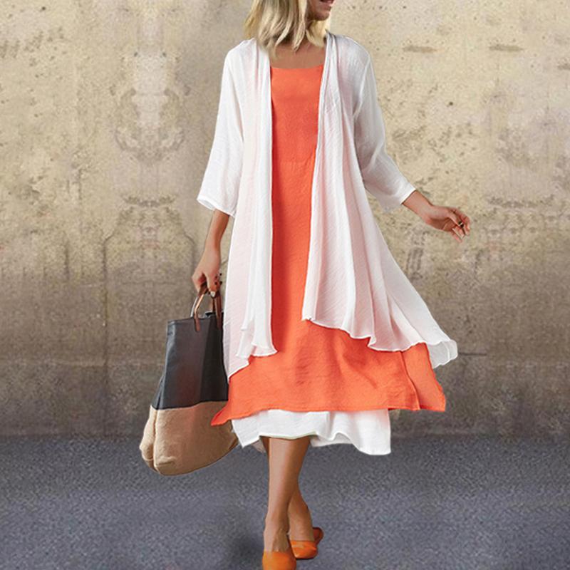 Solid Color Cardigan Two-Piece Splicing Slip short sleeves Dress