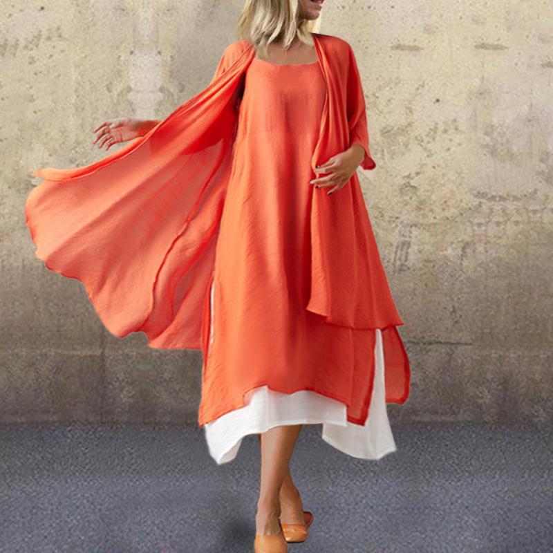 Solid Color Cardigan Two-Piece Splicing Slip short sleeves Dress