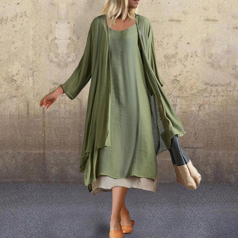 Solid Color Cardigan Two-Piece Splicing Slip short sleeves Dress