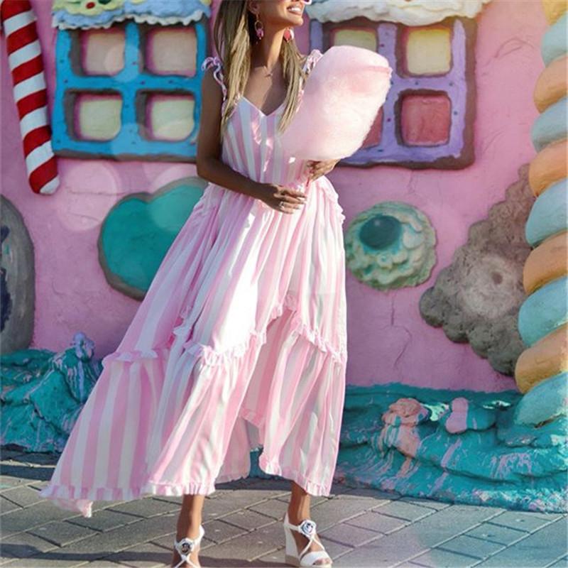 Romantic Sweet Pink Striped V-Neck sleeveless Sling Ruffle Dresses