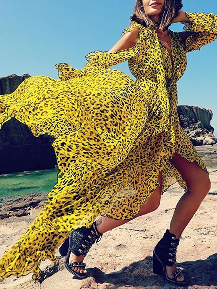 Women's Leopard Print Off-Shoulder long sleeves Dress