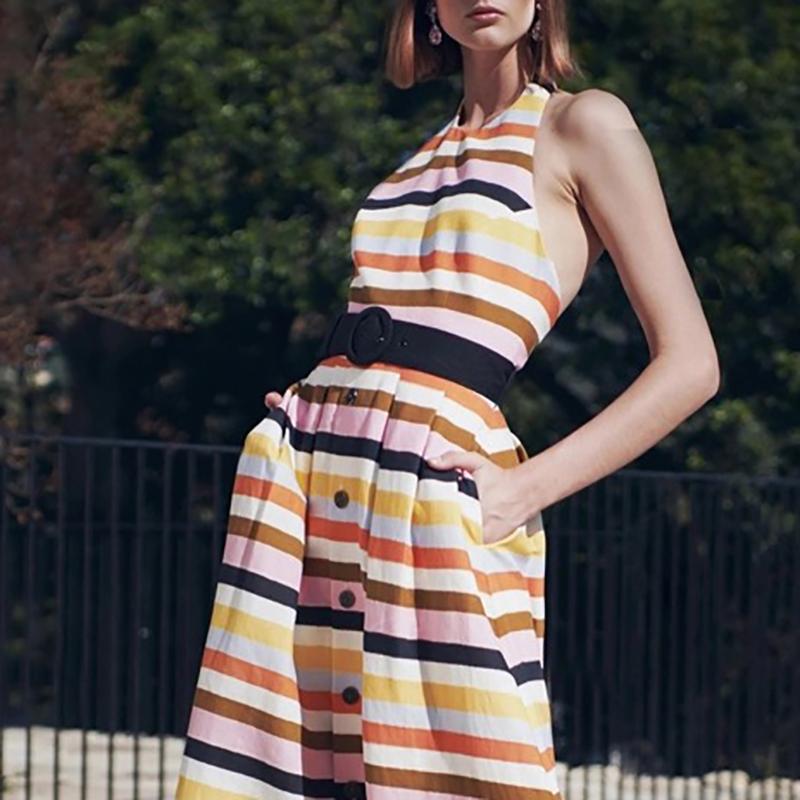 Classy Sleeveless Chromatic Stripe Button Dress