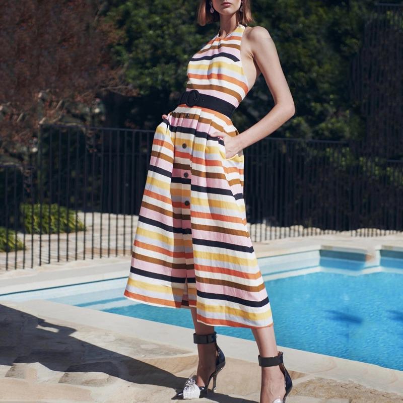 Classy Sleeveless Chromatic Stripe Button Dress