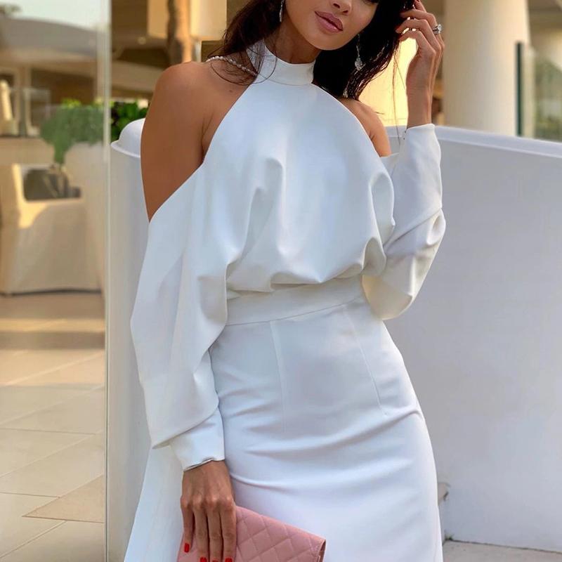 Women's Sexy Solid Color Halter long sleeves Bodycon Dress