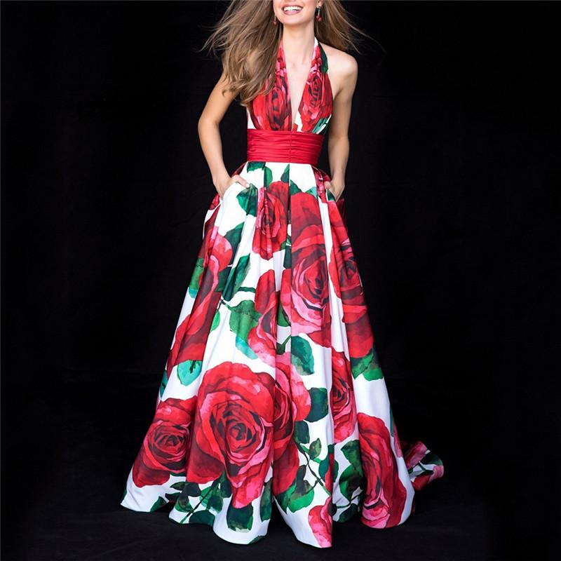 Sexy Deep V-Neck Sleeveless Rose Print Maxi Dress
