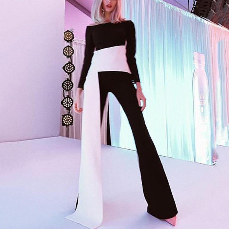 Fashion Boat Neck Long Sleeve Splicing Pure Colour Jumpsuit
