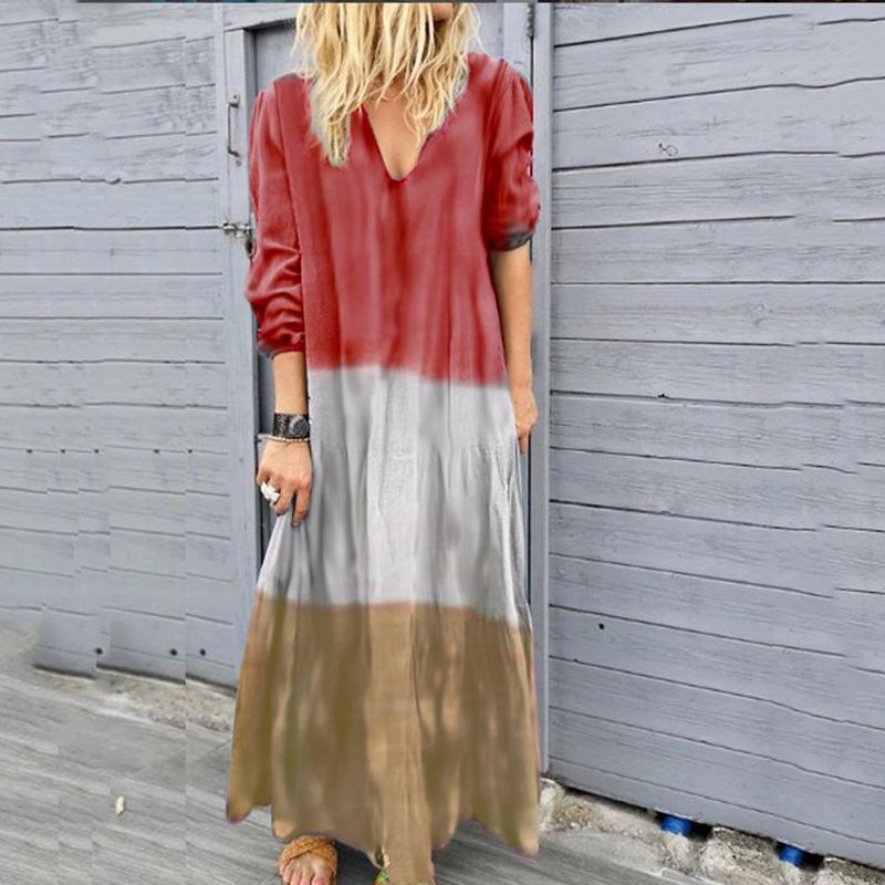 Athleisure V Neck Splicing Colour Long Sleeve Loose Dress