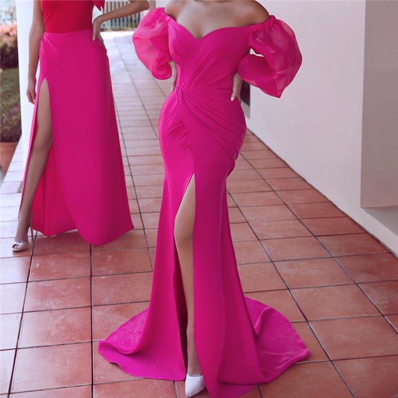 Sexy One Word Collar Solid Color Lantern long sleeves Evening Dress