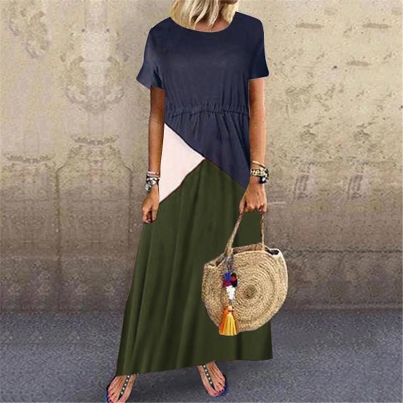 Fashion Contrast Stitching Round Neck Short Sleeve Casual Dresses
