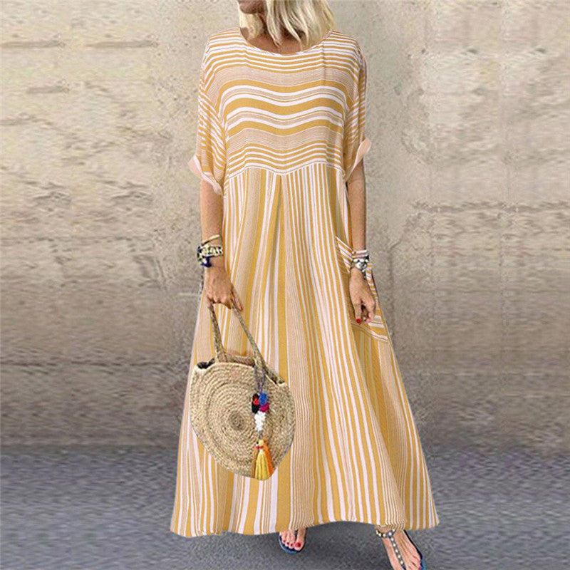 Casual Striped Short-Sleeved Round Neck Pocket Dress