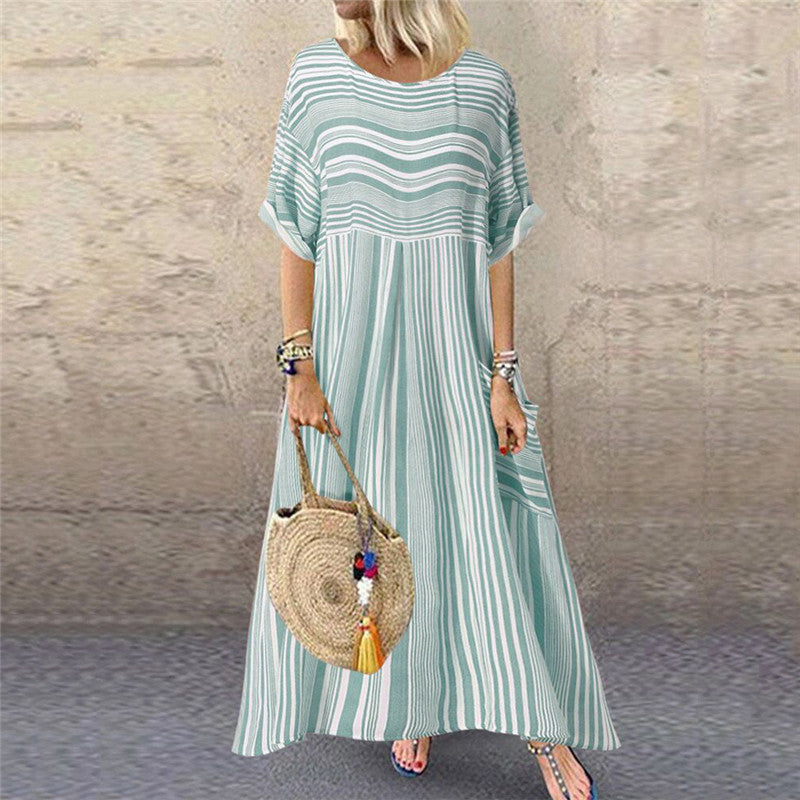 Casual Striped Short-Sleeved Round Neck Pocket Dress