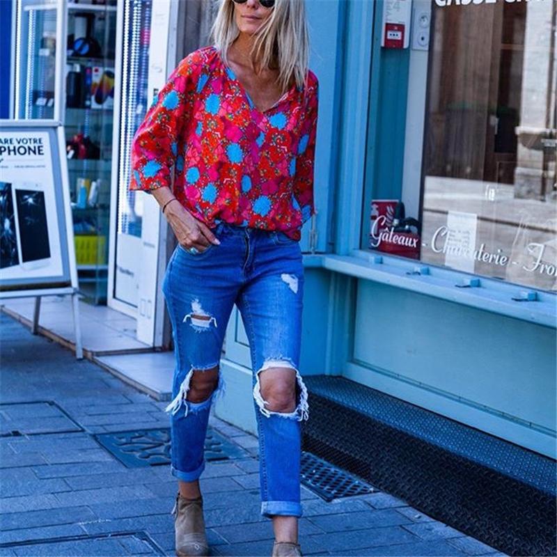 Women's Casual Flower   Print V-Neck Shirt