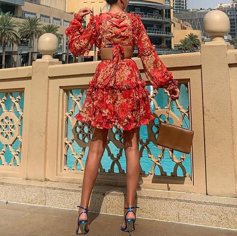 Women's Sexy Floral Print V-Neck long sleeves Back Tie Dress