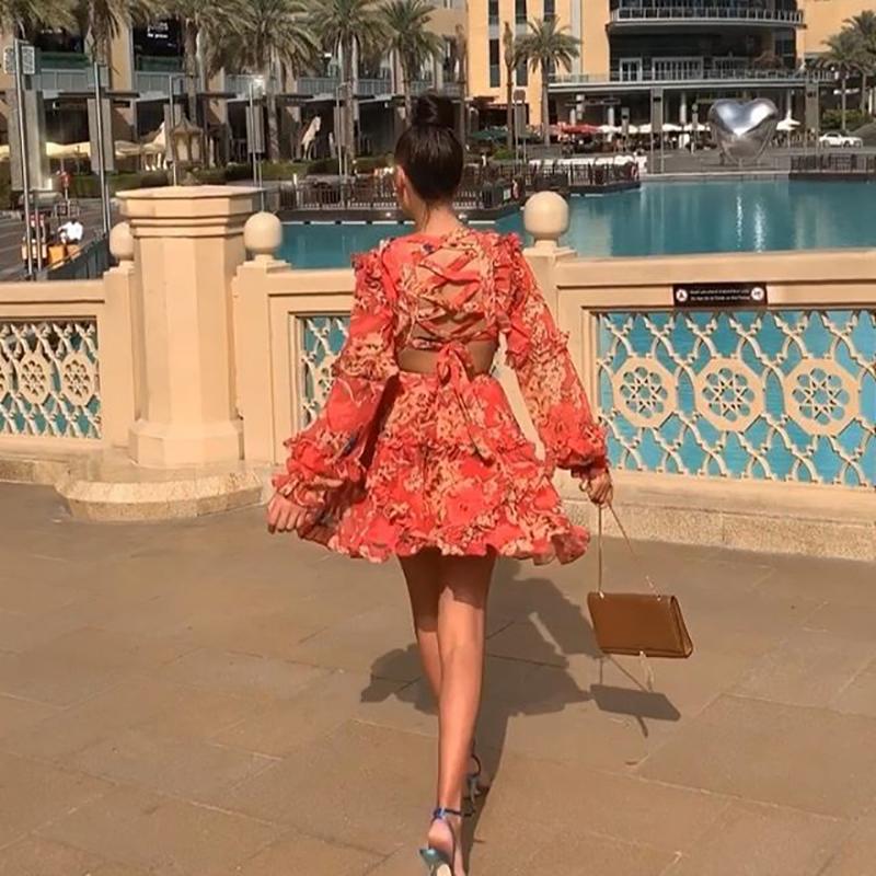 Women's Sexy Floral Print V-Neck long sleeves Back Tie Dress