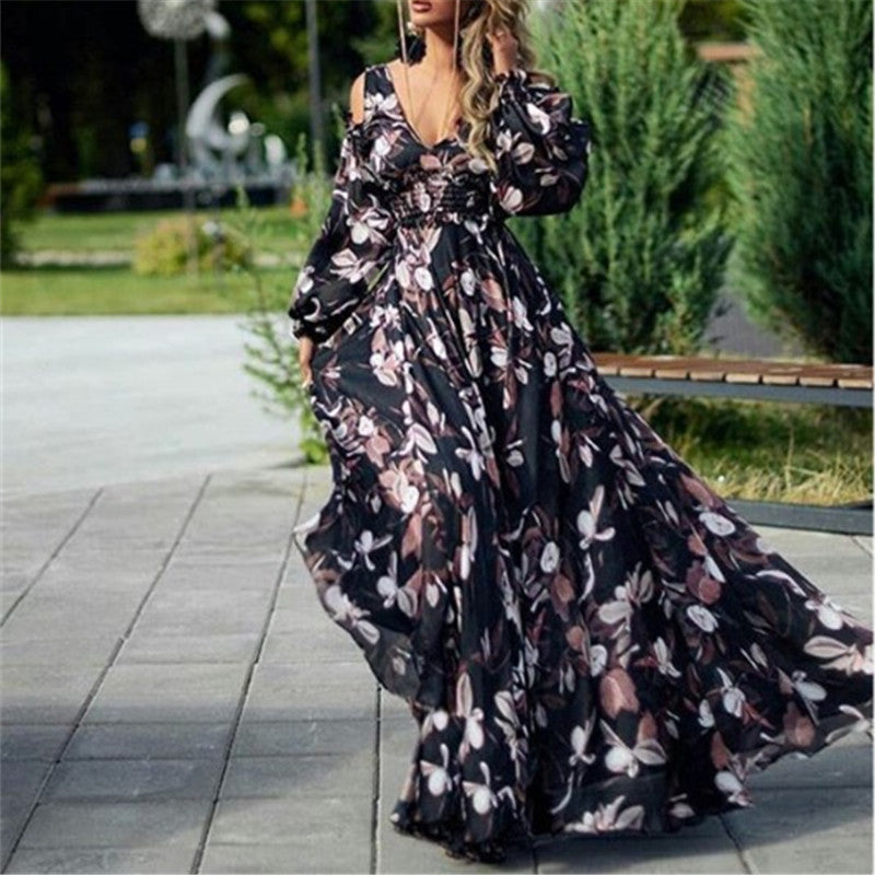 Deep V Off-The-Shoulder Long-Sleeved Floral Print Maxi Dress