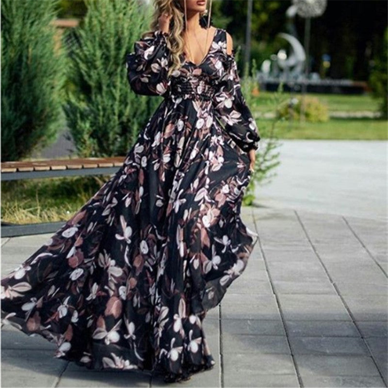 Deep V Off-The-Shoulder Long-Sleeved Floral Print Maxi Dress