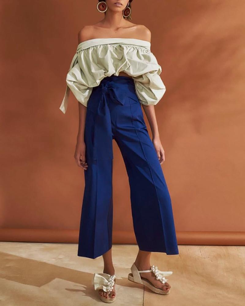 Casual Boat Neck Off-Shoulder Long Sleeve Pure Colour Top Trousers Suit
