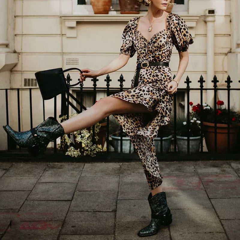 Women's Leopard Print V-Neck short sleeve Dress