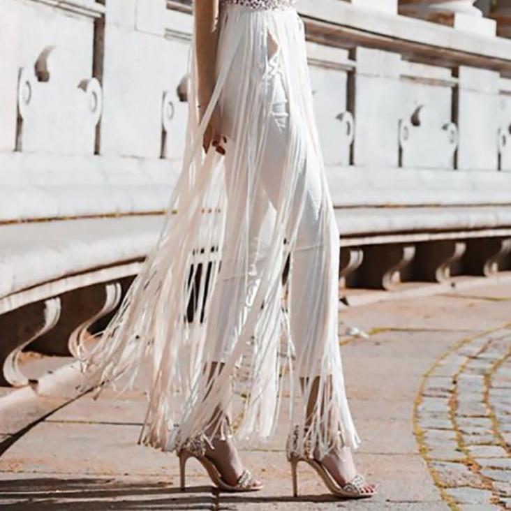Women's Elegant short sleeves Solid Color Fringe Dress