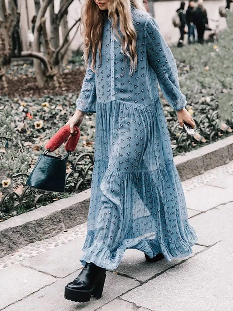Women's Elegant Print Stitching Pleated long sleeves Dress