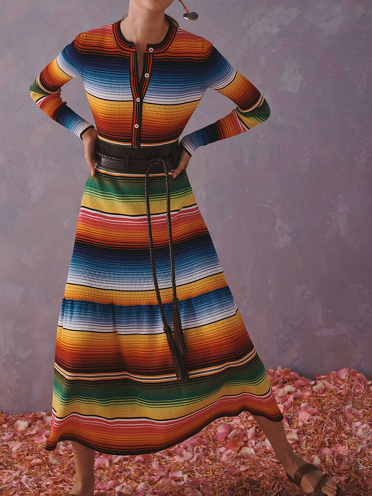 Fashion long sleeves Rainbow Striped Slim Dress