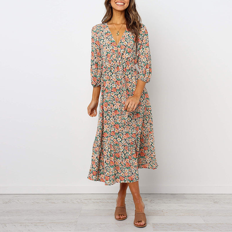 Sexy V-Neck long sleeves Waist Print Dress