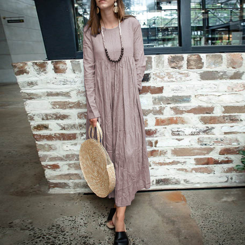 Round Neck Long Sleeve Splicing Expansion Dress