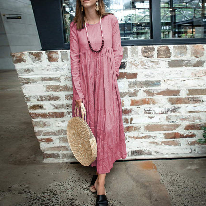Round Neck Long Sleeve Splicing Expansion Dress