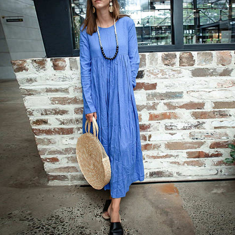 Round Neck Long Sleeve Splicing Expansion Dress