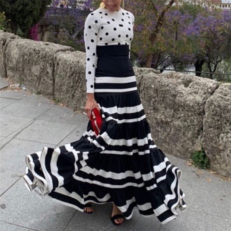 Women's Polka Dot   Striped Long Sleeve Dress