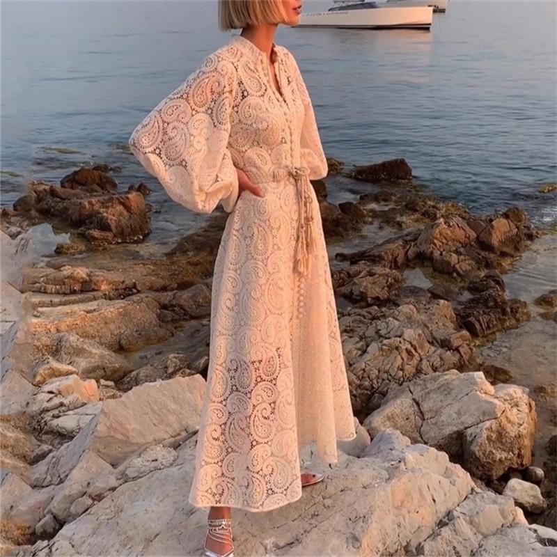 Women's V-Neck long sleeves Lace Hollow Dress