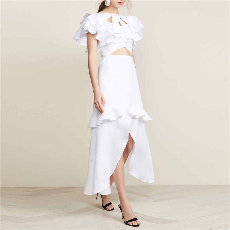 Women's short sleeves Bandage Ruffle Splicing High-Low Hem Maxi Dress