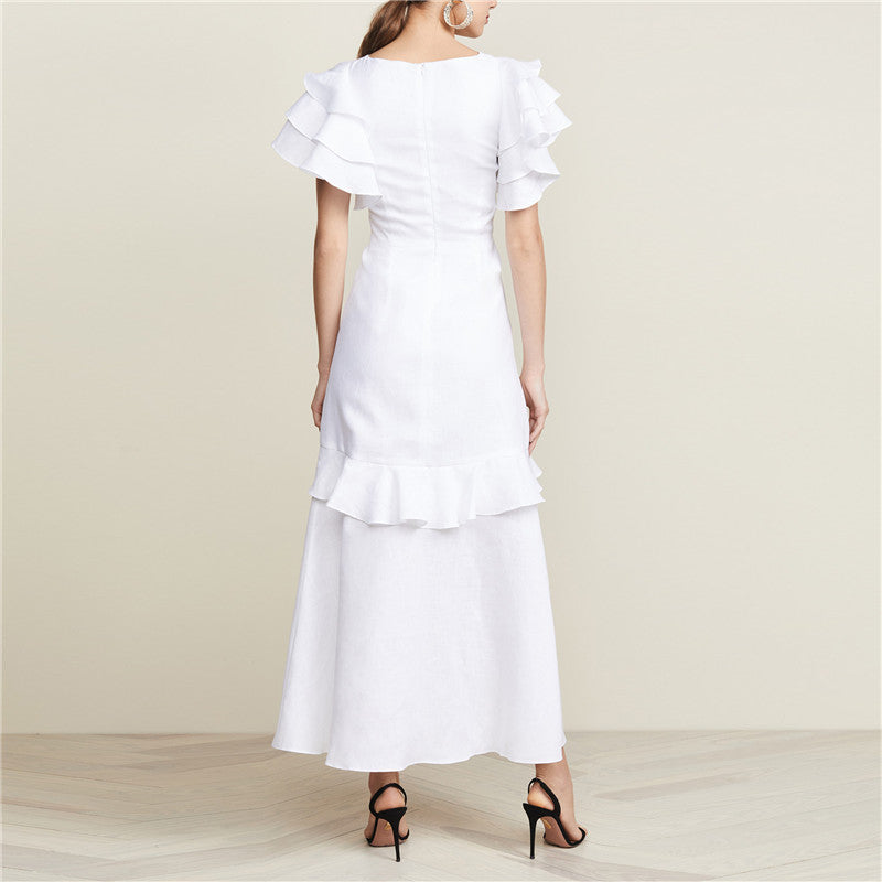 Women's short sleeves Bandage Ruffle Splicing High-Low Hem Maxi Dress