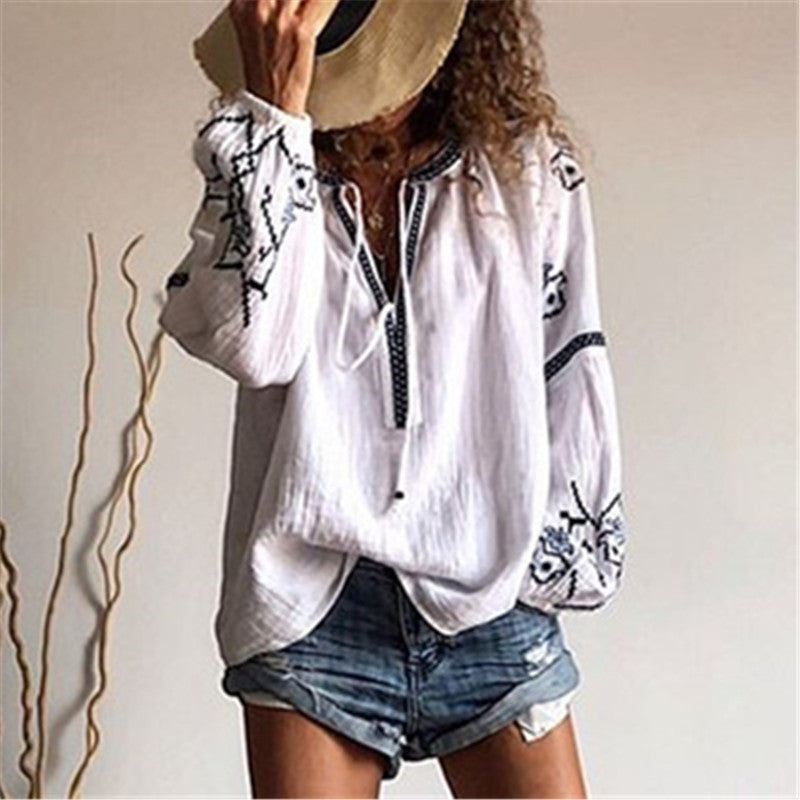 Casual V-Neck Printed Long Sleeve Loose T-Shirts