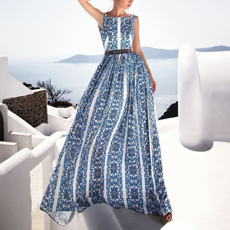 Women's Fashion Printed Color High-Waist sleeveless Evening Dress