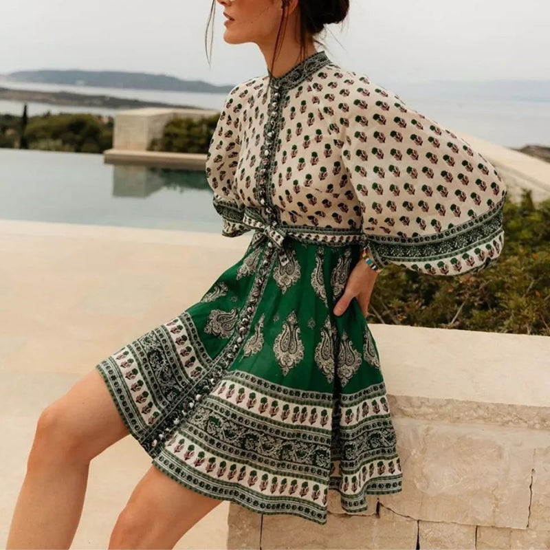 Women's Vintage Glossy Bohemian long sleeves Print Dress