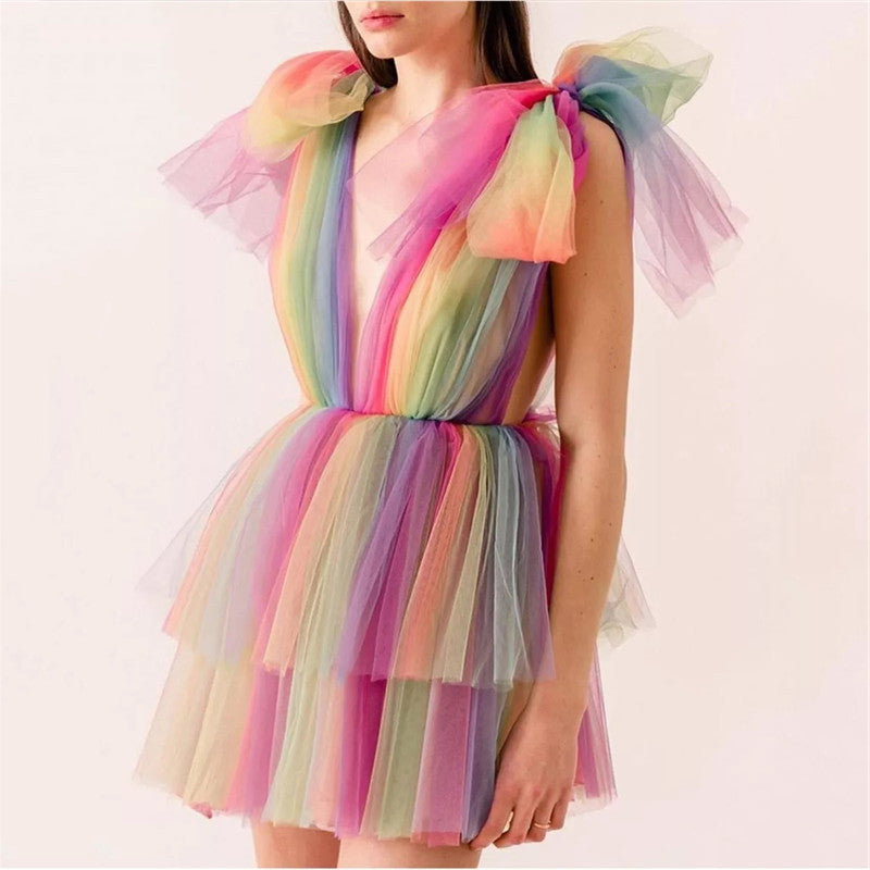 Fashion Color Stitching V-Neck Bow Sleeveless Dresses
