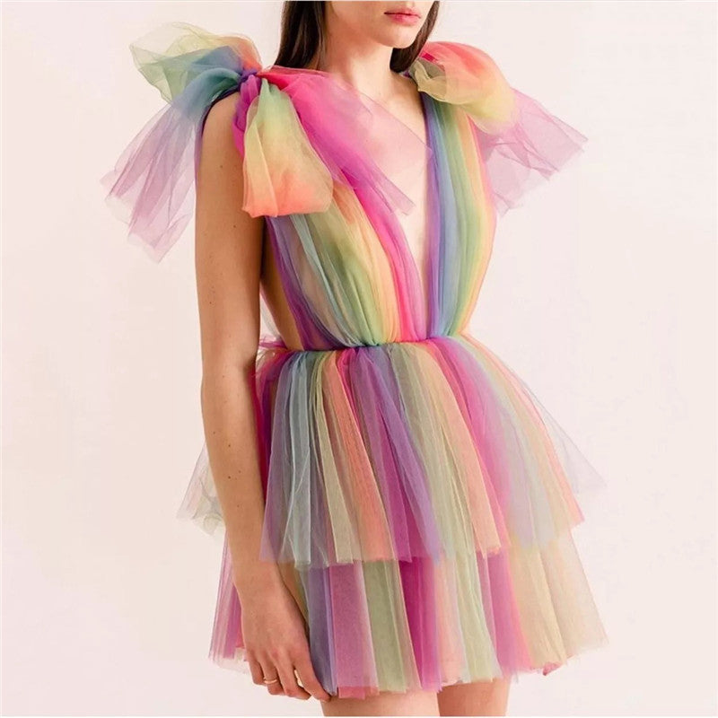 Fashion Color Stitching V-Neck Bow Sleeveless Dresses
