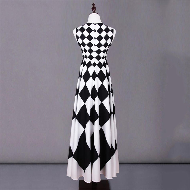 Women's Black And White Plaid Sleeveless Long Dress