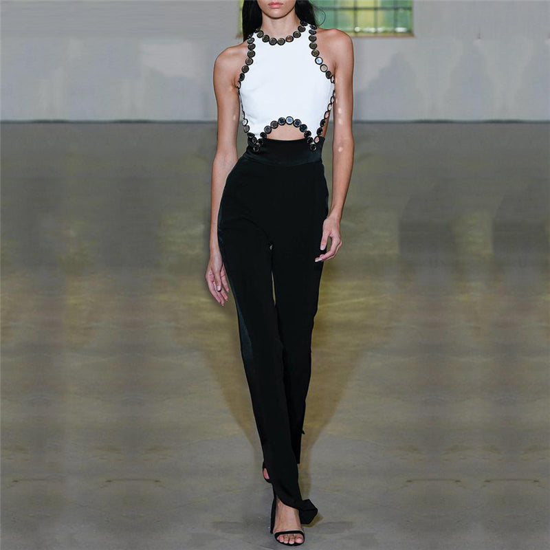 Women's Black And White Sleeveless Jumpsuit