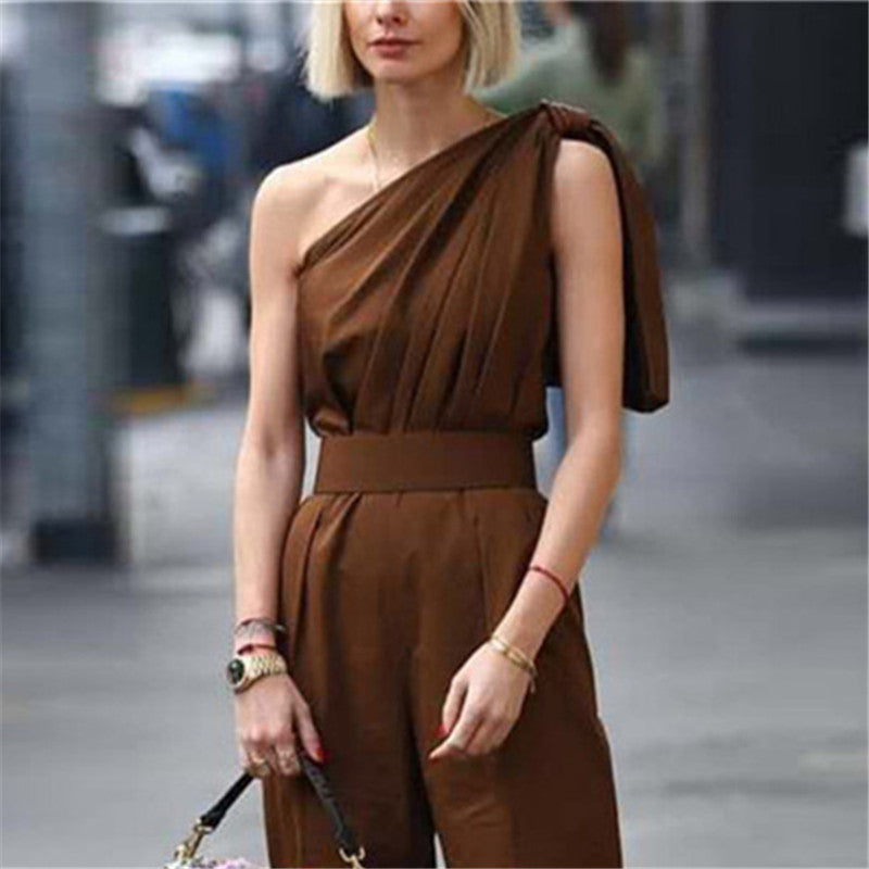 Fashion Asymmetric One-Shoulder Slim Solid Color Jumpsuits