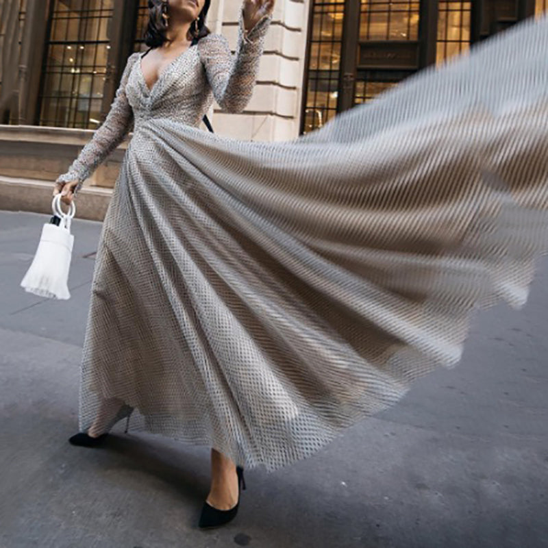 Women's Elegant Long Sleeve Polka Dot Deep V Neck Evening Dress