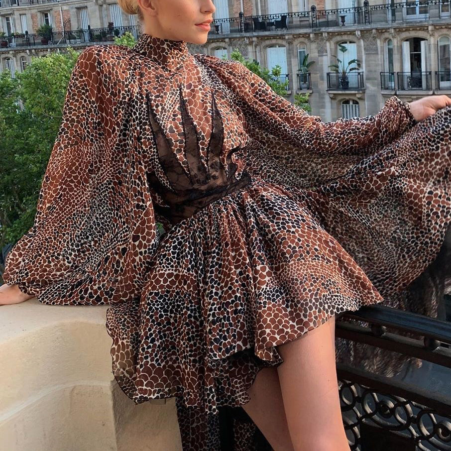 Women's Sexy Printed long sleeves Lace Panel Perspective Dress