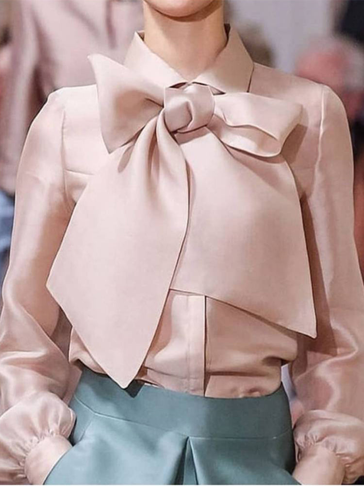 Vintage Glossy Tie Bow Long Sleeve Shirt