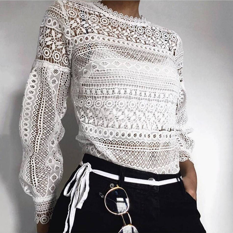 Lace Water-Soluble Lace Panel Cutout Long Sleeve Shirt